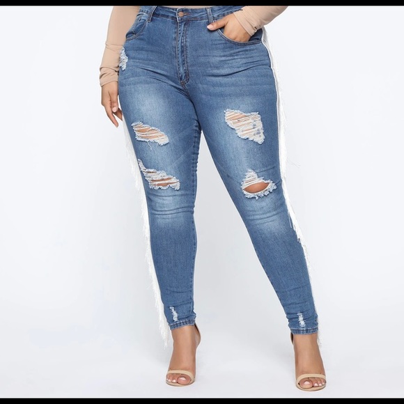High rise medium wash jeans with fringe - Picture 6 of 7